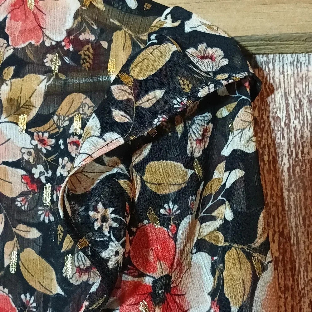 Floral sheer boho gathered mock neck flowy ruffle shimmer wide sleeve M - Picture 12 of 16